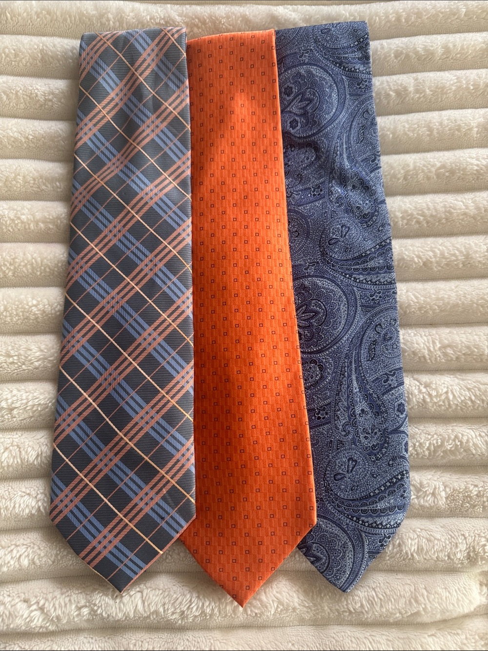 Classic Men's Tie Trio - Blue Plaid, Orange Geometric & Navy Paisley - Picture 1 of 10